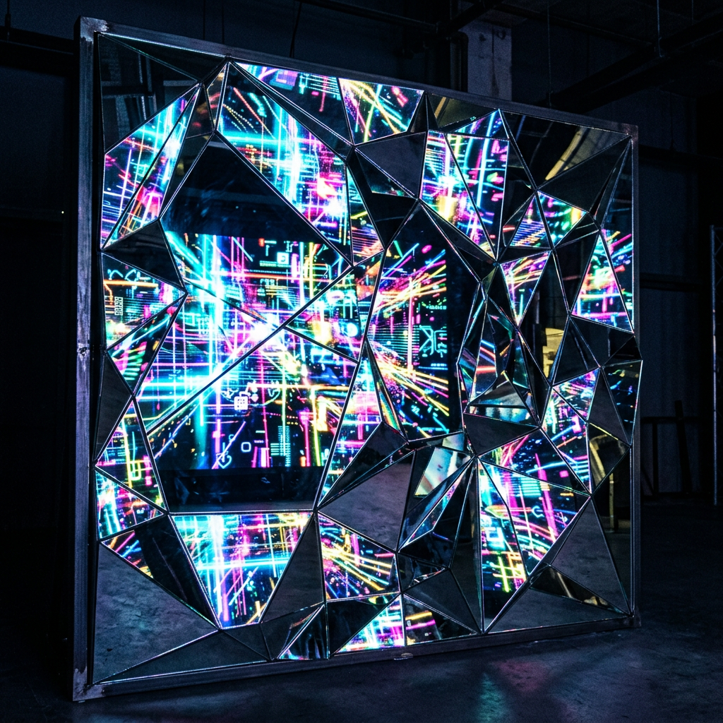Geometric fragmented mirror with colorful neon digital circuit reflections