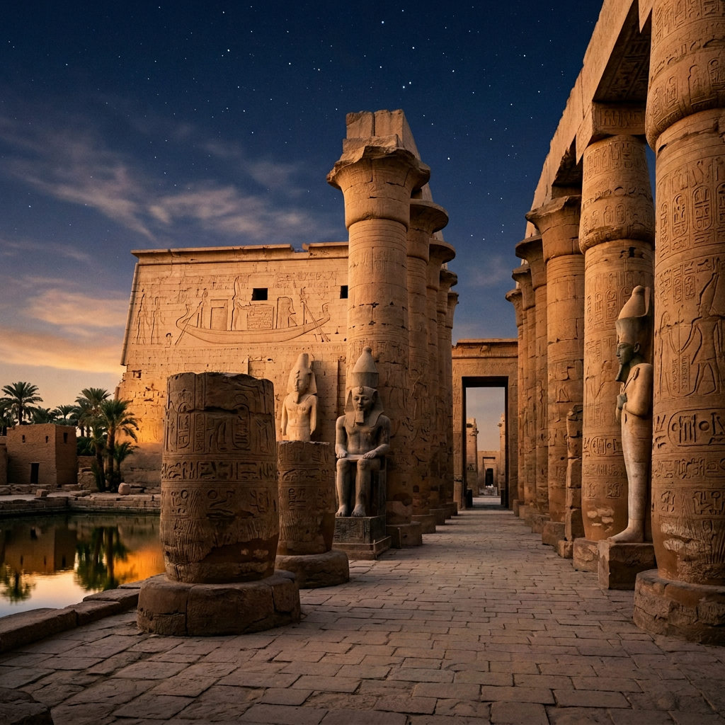 Person holding a lantern walking among ancient Egyptian pillars and statues at dusk