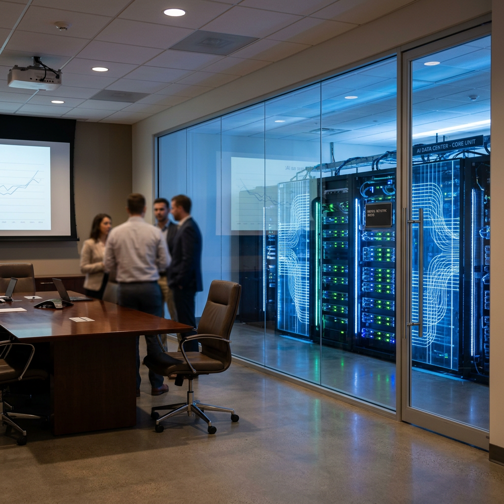 Four people standing and talking beside a conference table and glass-walled AI data center with illuminated servers