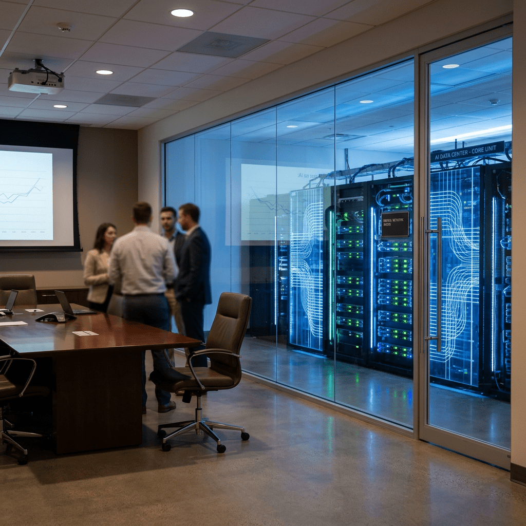 Four people standing and talking beside a conference table and glass-walled AI data center with illuminated servers