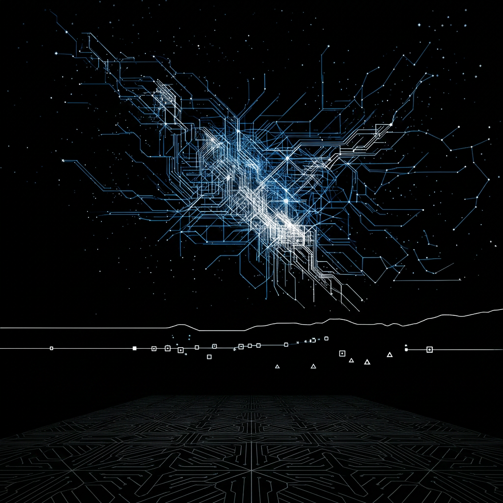 Glowing digital human figure made of interconnected points walking at night outdoors